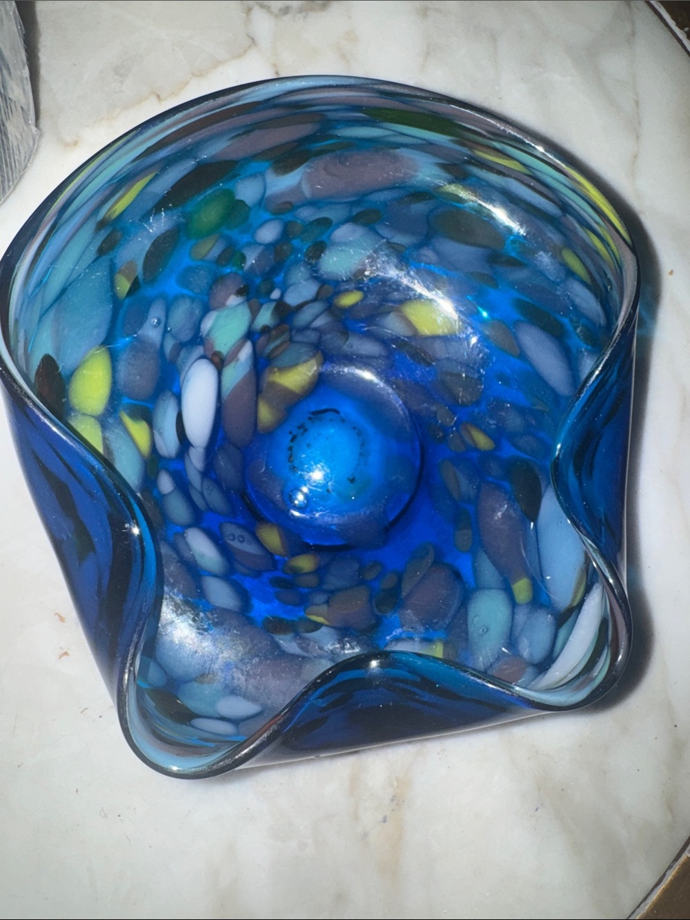 Source Unknown Confetti Blue Glass Bowl with Green, Yellow and White Flecks